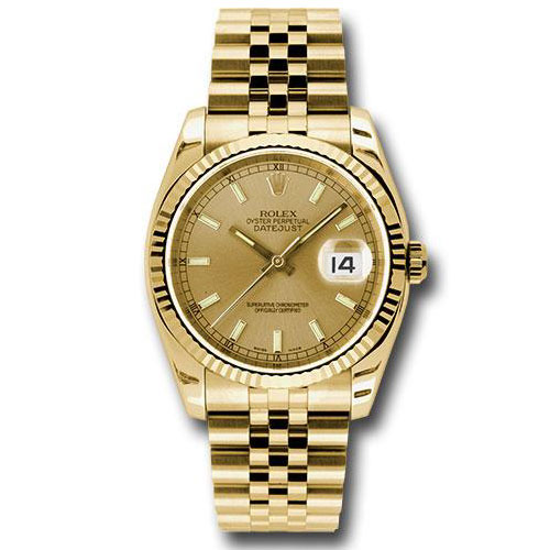 Rolex Yellow Gold Datejust 36 Watch - Fluted Bezel - Champagne Index Dial - Jubilee Bracelet - 116238 chsj