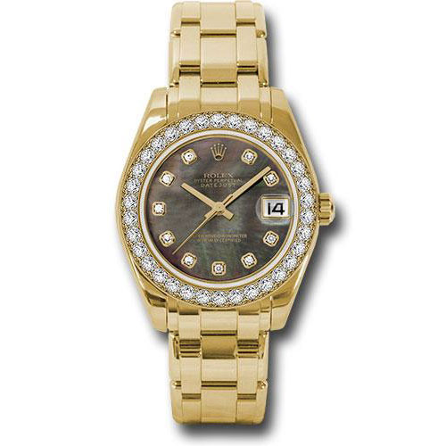 Rolex Yellow Gold Datejust Pearlmaster 34 Watch - 34 Diamond Bezel - Black Mother-Of-Pearl Diamond Dial - 81298 dkmd