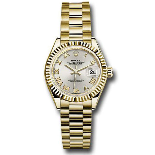 Rolex Yellow Gold Lady-Datejust 28 Watch - Fluted Bezel - Silver Roman Dial - President Bracelet - 279178 srp