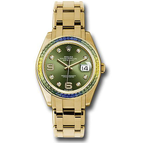 Rolex Yellow Gold Datejust Pearlmaster 39 Watch - 48 Blue To Green Gradient Baguette-Cut Sapphires Bezel - Olive Green Diamond Dial - 86348SABLV