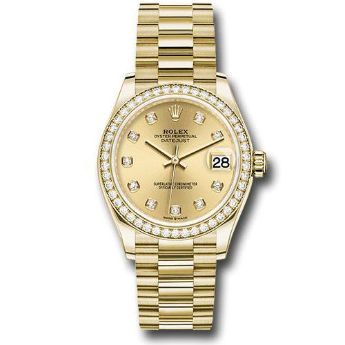 Rolex Yellow Gold Datejust 31 Watch - Diamond Bezel - Champagne Diamond Dial - President Bracelet - 278288RBR chdp
