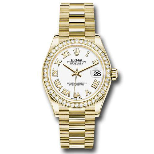 Rolex Yellow Gold Datejust 31 Watch - Diamond Bezel - White Roman Dial - President Bracelet - 278288RBR wrp