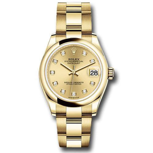 Rolex Yellow Gold Datejust 31 Watch - Domed Bezel - Champagne Diamond Dial - Oyster Bracelet - 278248 chdo