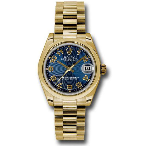 Rolex Yellow Gold Datejust 31 Watch - Domed Bezel - Blue Concentric Circle Arabic Dial - President Bracelet - 178248 blcap