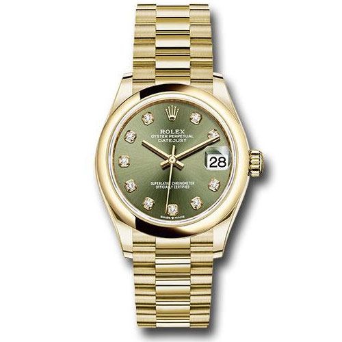 Rolex Yellow Gold Datejust 31 Watch - Domed Bezel - Olive Green Diamond Dial - President Bracelet - 278248 ogdp