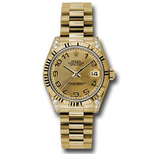 Rolex Yellow Gold Datejust 31 Watch - Fluted Bezel - Champagne Concentric Circle Arabic Dial - President Bracelet - 178238 chcap