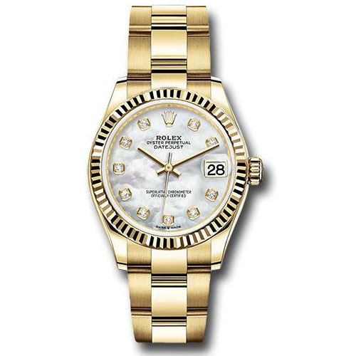 Rolex Yellow Gold Datejust 31 Watch - Fluted Bezel - Mother-of-Pearl Diamond Dial - Oyster Bracelet - 278278 mdo
