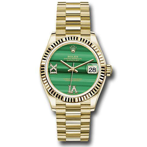 Rolex Yellow Gold Datejust 31 Watch - Fluted Bezel - Malachite Diamond Six and Nine Dial - President Bracelet - 278278 madr69p