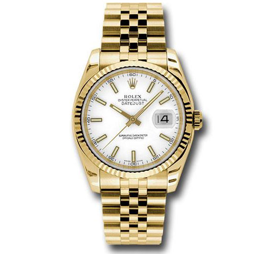 Rolex Yellow Gold Datejust 36 Watch - Fluted Bezel - White Index Dial - Jubilee Bracelet - 116238 wsj