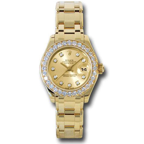 Rolex Yellow Gold Lady-Datejust Pearlmaster 29 Watch - 32 Diamond Bezel - Champagne Diamond Dial - 80298 chd