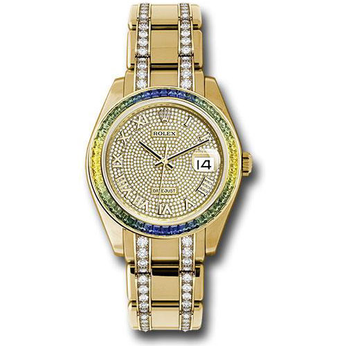 Rolex Yellow Gold Datejust Pearlmaster 39 Watch - 48 Blue To Green Gradient Baguette-Cut Sapphires Bezel - 18K Yellow Gold Diamond Paved Dial - 86348SABLV dpdb