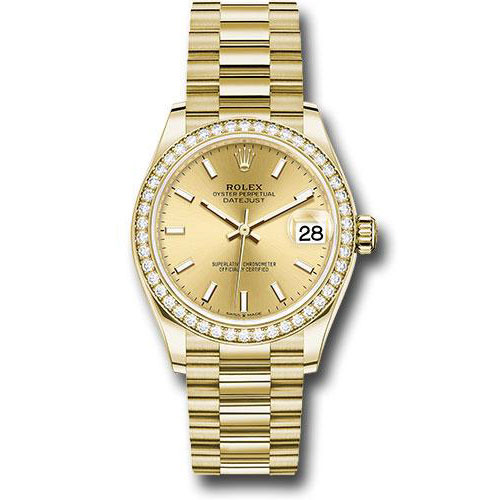 Rolex Yellow Gold Datejust 31 Watch - Diamond Bezel - Champagne Index Dial - President Bracelet - 278288RBR chip