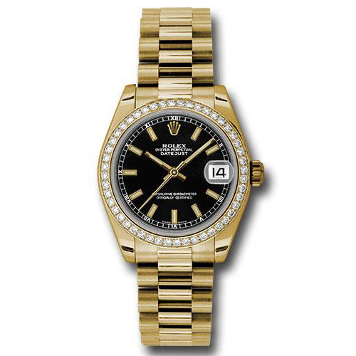 Rolex Yellow Gold Datejust 31 Watch - 48 Diamond Bezel - Black Index Dial - President Bracelet - 178288 bkip