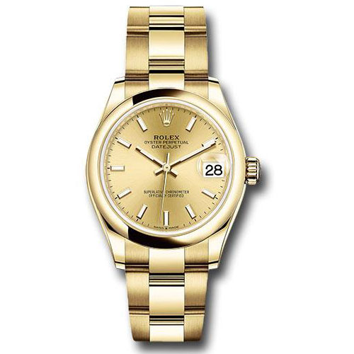 Rolex Yellow Gold Datejust 31 Watch - Domed Bezel - Champagne Index Dial - Oyster Bracelet - 278248 chio