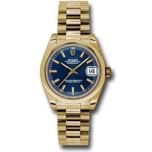 Rolex Yellow Gold Datejust 31 Watch - Domed Bezel - Blue Concentric Circle Index Dial - President Bracelet - 178248 blip