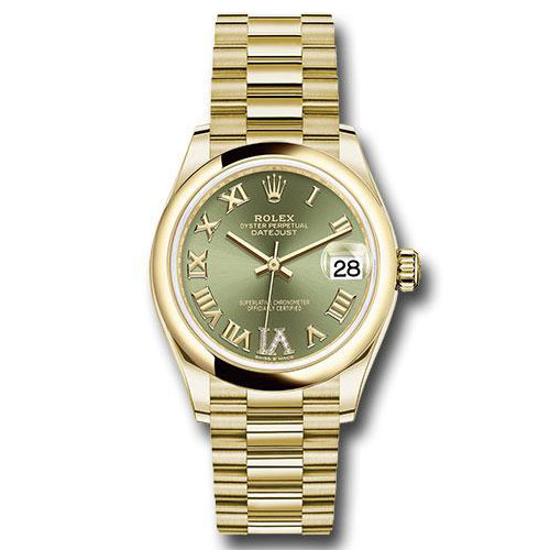 Rolex Yellow Gold Datejust 31 Watch - Domed Bezel - Olive Green Diamond Six Dial - President Bracelet - 278248 ogdr6p