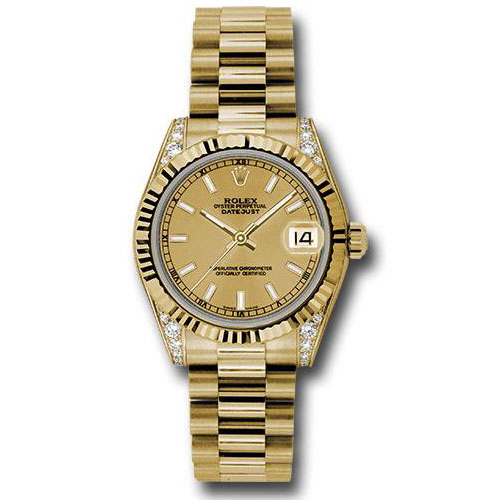 Rolex Yellow Gold Datejust 31 Watch - Fluted Bezel - Champagne Index Dial - President Bracelet - 178238 chip