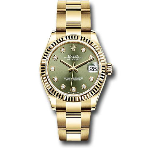Rolex Yellow Gold Datejust 31 Watch - Fluted Bezel - Olive Green Diamond Dial - Oyster Bracelet - 278278 ogdo