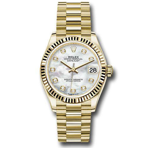 Rolex Yellow Gold Datejust 31 Watch - Fluted Bezel - Mother-of-Pearl Diamond Dial - President Bracelet - 278278 mdp