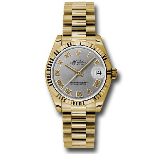 Rolex Yellow Gold Datejust 31 Watch - Fluted Bezel - Gray Roman Dial - President Bracelet - 178278 grp