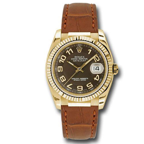 Rolex Yellow Gold Datejust 36 Watch - Fluted Bezel - Brown Arabic Dial - Brown Leather - 116138 brab