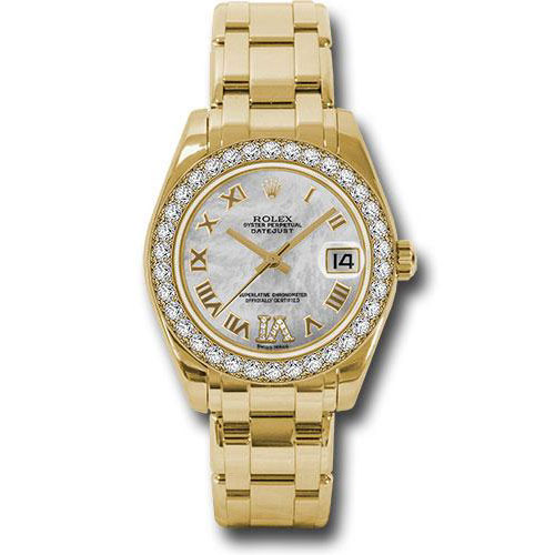 Rolex Yellow Gold Datejust Pearlmaster 34 Watch - 34 Diamond Bezel - White Mother-Of-Pearl Roman Dial - 81298 mdr