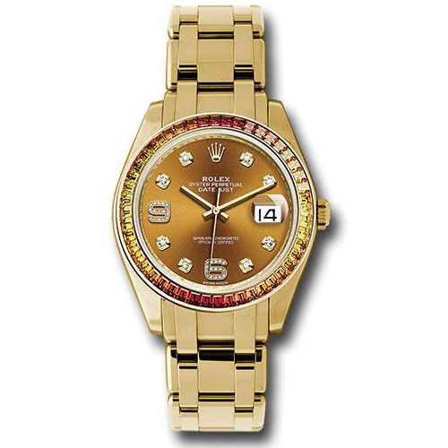 Rolex Yellow Gold Datejust Pearlmaster 39 Watch - 48 Orange To Yellow Gradient Baguette-Cut Sapphires Bezel - Cognac Diamond Dial - 86348SAJOR