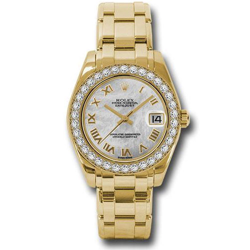 Rolex Yellow Gold Datejust Pearlmaster 34 Watch - 34 Diamond Bezel - White Mother-Of-Pearl Roman Dial - 81298 mr
