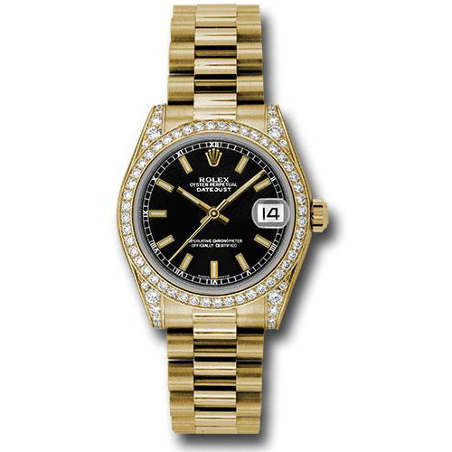 Rolex Yellow Gold Datejust 31 Watch - 48 Diamond Bezel - Black Index Dial - President Bracelet - 178158 bkip