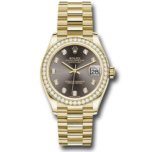 Rolex Yellow Gold Datejust 31 Watch - Diamond Bezel - Dark Grey Diamond Dial - President Bracelet - 278288RBR dkgdp