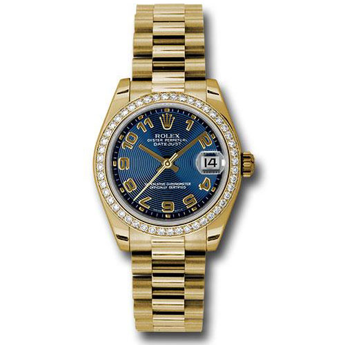 Rolex Yellow Gold Datejust 31 Watch - 48 Diamond Bezel - Blue Concentric Circle Arabic Dial - President Bracelet - 178288 blcap