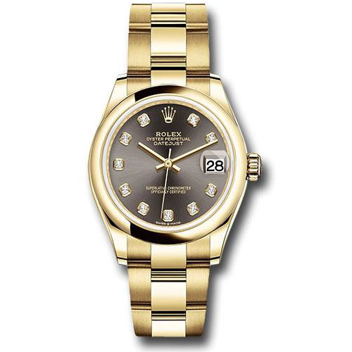 Rolex Yellow Gold Datejust 31 Watch - Domed Bezel - Dark Grey Diamond Dial - Oyster Bracelet - 278248 dkgdo