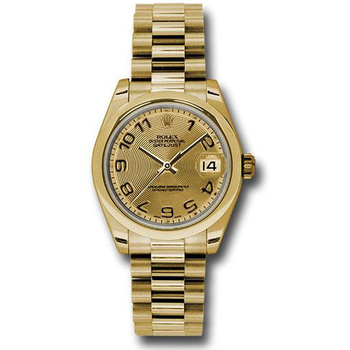 Rolex Yellow Gold Datejust 31 Watch - Domed Bezel - Champagne Concentric Circle Arabic Dial - President Bracelet - 178248 chcap