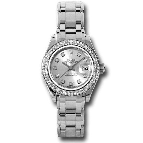 Rolex White Gold Lady-Datejust Pearlmaster 29 Watch - 116 Diamond Bezel - Silver Diamond Dial - 80339 sd