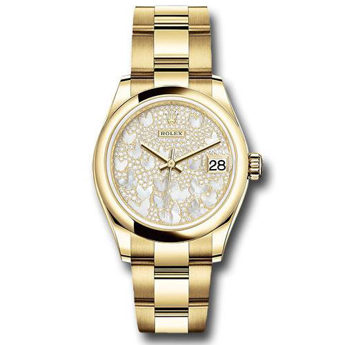 Rolex Yellow Gold Datejust 31 Watch - Domed Bezel - Paved Mother-of-Pearl Butterfly Dial - Oyster Bracelet - 278248 pmopbo