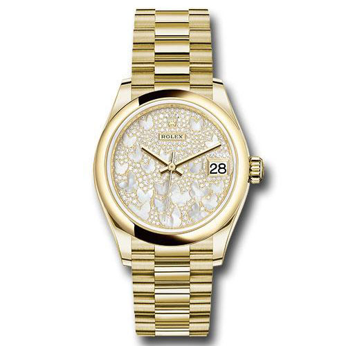 Rolex Yellow Gold Datejust 31 Watch - Domed Bezel - Paved Mother-of-Pearl Butterfly Dial - President Bracelet - 278248 pmopbp