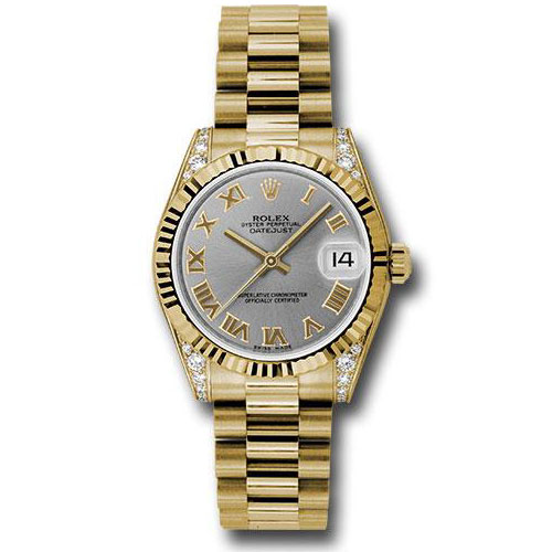 Rolex Yellow Gold Datejust 31 Watch - Fluted Bezel - Gray Roman Dial - President Bracelet - 178238 grp