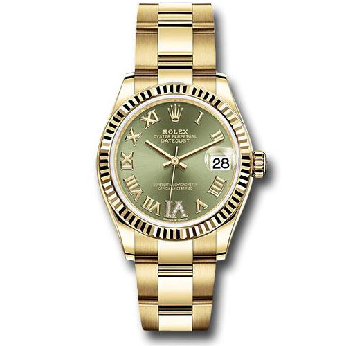 Rolex Yellow Gold Datejust 31 Watch - Fluted Bezel - Olive Green Diamond Six Dial - Oyster Bracelet - 278278 ogdr6o