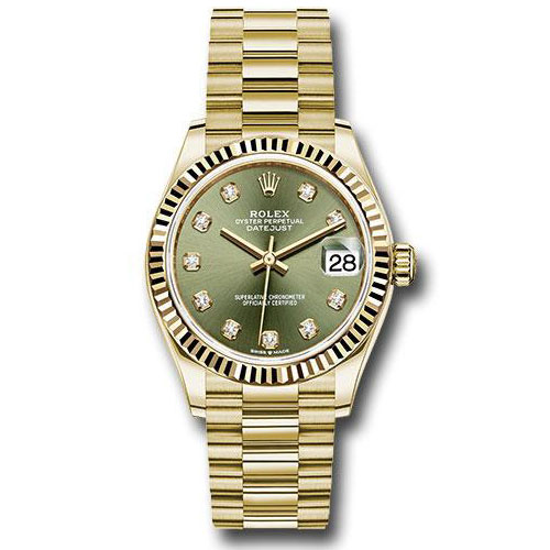 Rolex Yellow Gold Datejust 31 Watch - Fluted Bezel - Olive Green Diamond Dial - President Bracelet - 278278 ogdp
