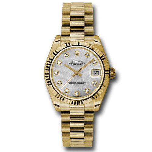 Rolex Yellow Gold Datejust 31 Watch - Fluted Bezel - Mother-Of-Pearl Diamond Dial - President Bracelet - 178278 mdp