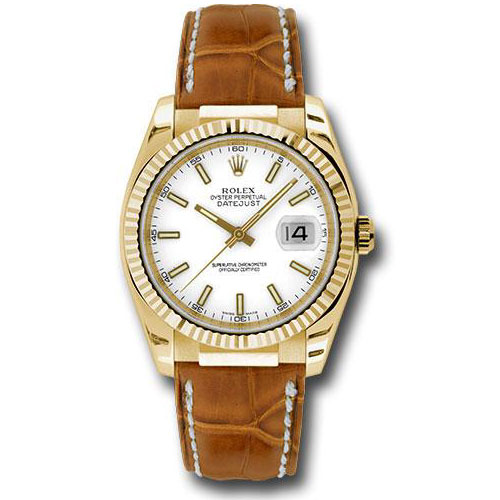 Rolex Yellow Gold Datejust 36 Watch - Fluted Bezel - White Index Dial - Brown Leather - 116138 wsb