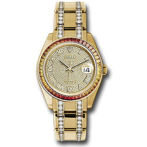 Rolex Yellow Gold Datejust Pearlmaster 39 Watch - 48 Orange To Yellow Gradient Baguette-Cut Sapphires Bezel - 18K Yellow Gold Diamond Paved Dial - 86348SAJOR dpdb