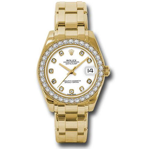 Rolex Yellow Gold Datejust Pearlmaster 34 Watch - 34 Diamond Bezel - White Diamond Dial - 81298 wd
