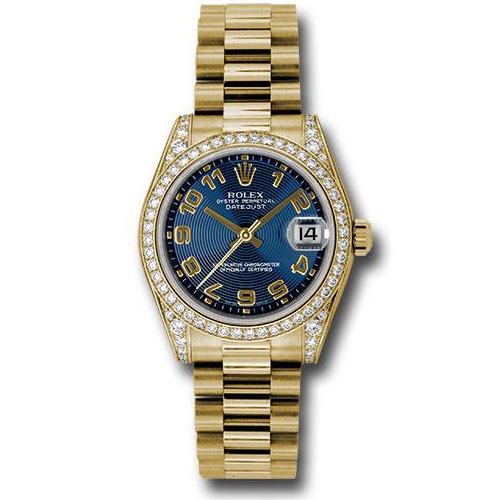 Rolex Yellow Gold Datejust 31 Watch - 48 Diamond Bezel - Blue Concentric Circle Arabic Dial - President Bracelet - 178158 blcap
