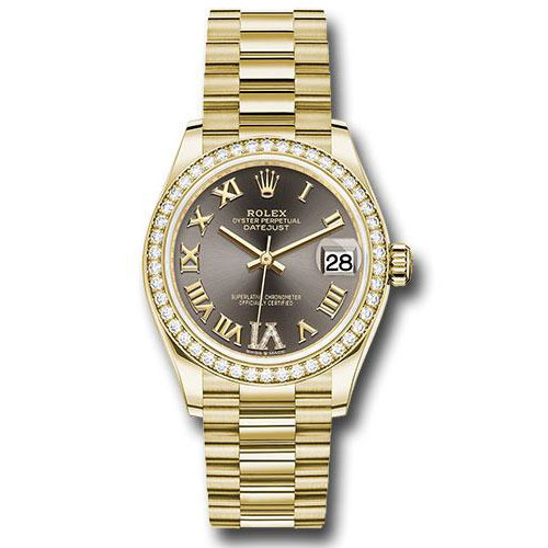 Rolex Yellow Gold Datejust 31 Watch - Diamond Bezel - Dark Grey Diamond Six Dial - President Bracelet - 278288RBR dkgdr6p
