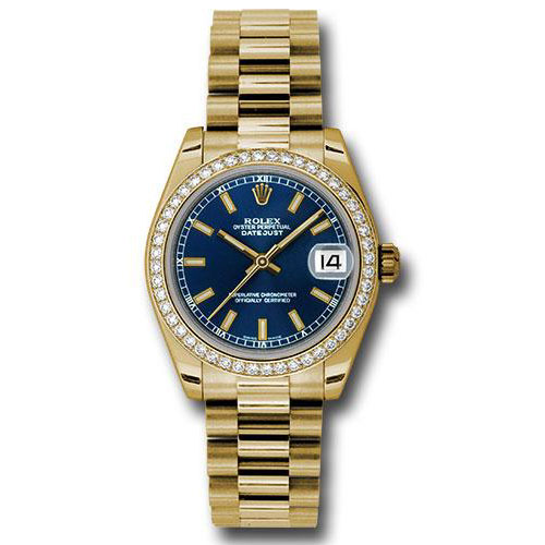 Rolex Yellow Gold Datejust 31 Watch - 48 Diamond Bezel - Blue Index Dial - President Bracelet - 178288 blip
