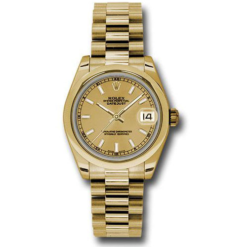 Rolex Yellow Gold Datejust 31 Watch - Domed Bezel - Champagne Concentric Circle Index Dial - President Bracelet - 178248 chip