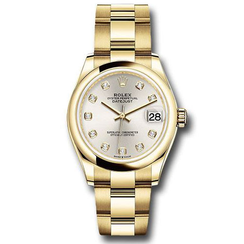 Rolex Yellow Gold Datejust 31 Watch - Domed Bezel - Silver Diamond Dial - Oyster Bracelet - 278248 sdo