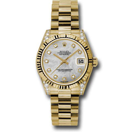Rolex Yellow Gold Datejust 31 Watch - Fluted Bezel - Mother-Of-Pearl Diamond Dial - President Bracelet - 178238 mdp