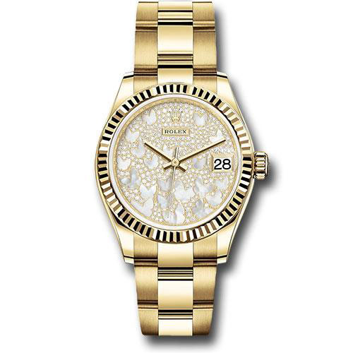 Rolex Yellow Gold Datejust 31 Watch - Fluted Bezel - Paved Mother-of-Pearl Butterfly Dial - Oyster Bracelet - 278278 pmopbo